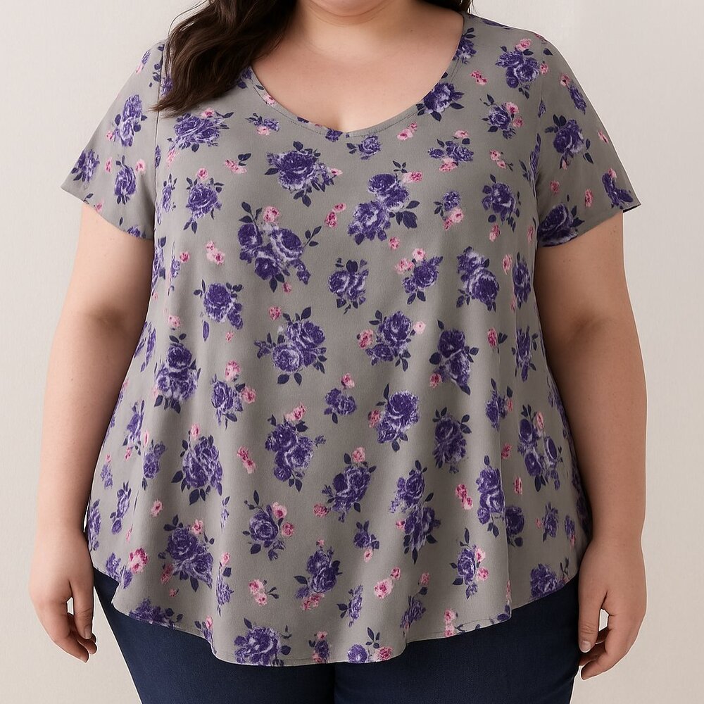 Torrid Women’s Short‎ Sleeve Gray Floral Print Blouse Top - 2X